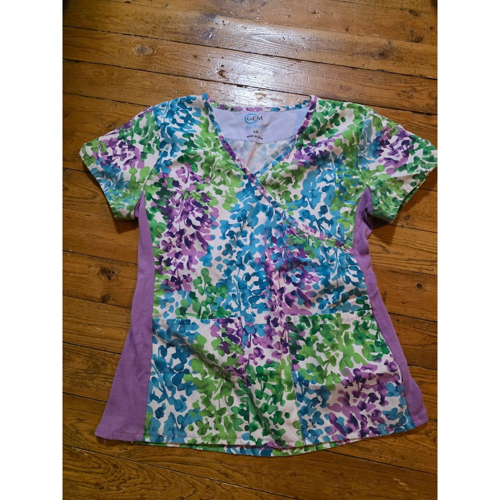 Gem‎ Scrubs Floral Mock Wrap Scrub Top Blue Green Purple Ribbed Side Panels LG